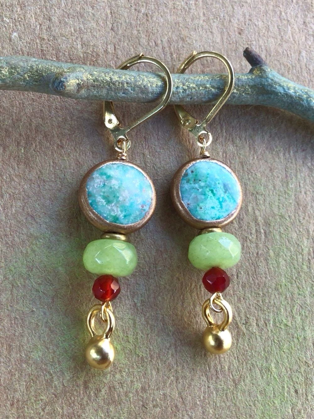 Turquoise Peridot Carnelian Gold Edge Sundance Charm Earrings
